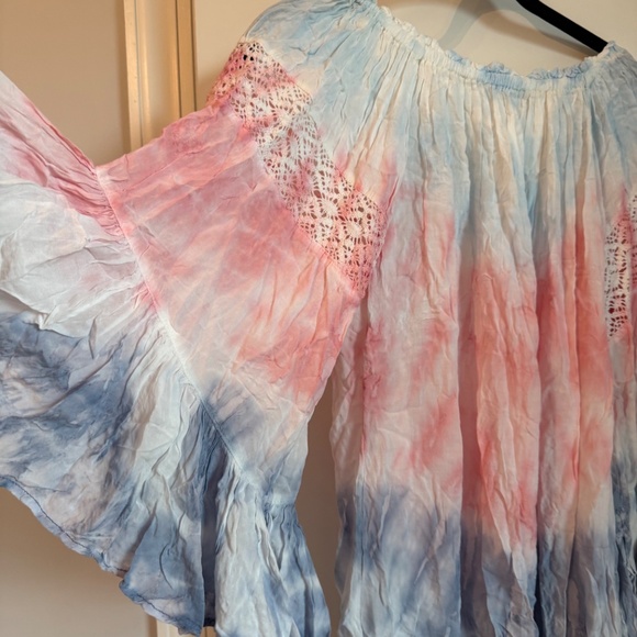 Surf Gypsy Tie-Dye Off-Shoulder Bell Sleeve Cover-Up Blouse Mini Dress SMALL - Picture 3 of 7